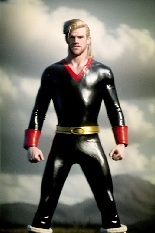 retro portrait image from 1960, sky background, wind, extra long blonde hair, fighting stance, young Chris Hemsworth, clean shave face, black dress, classic long tight lycra black suit, 2 steel disc in busty, big red cap, silver latex with scales on the arms, gold bracelet and belt, high boots, soft color, highly detailed, unreal engine 5, ray tracing, RTX, lumen lighting, ultra detail, volumetric lighting, 3d, finely drawn, high definition, high resolution.