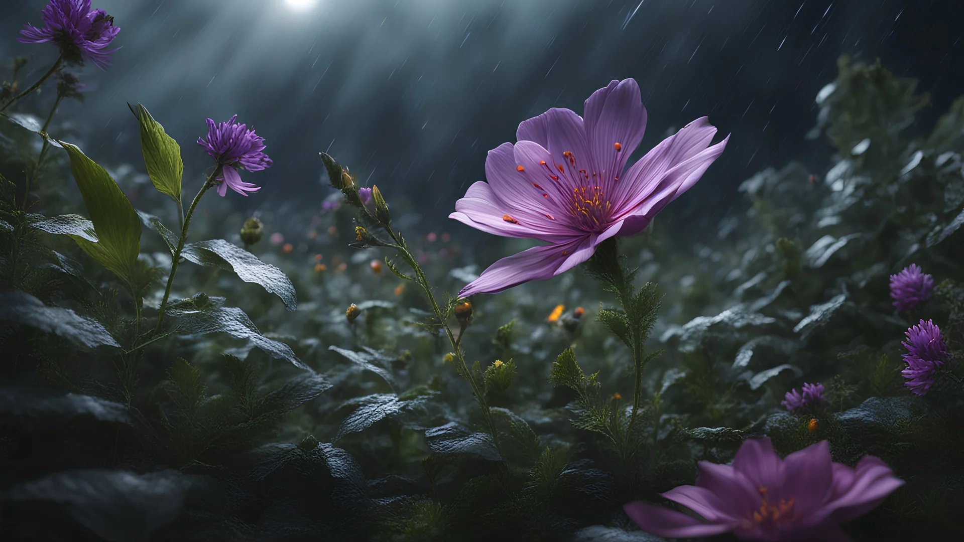 fragile flower in a storm. in flower forest at night, perfect composition, hyperrealistic, super detailed, 8k, high quality, trending art, trending on artstation, sharp focus, studio photo, intricate details, highly detailed, by greg rutkowski