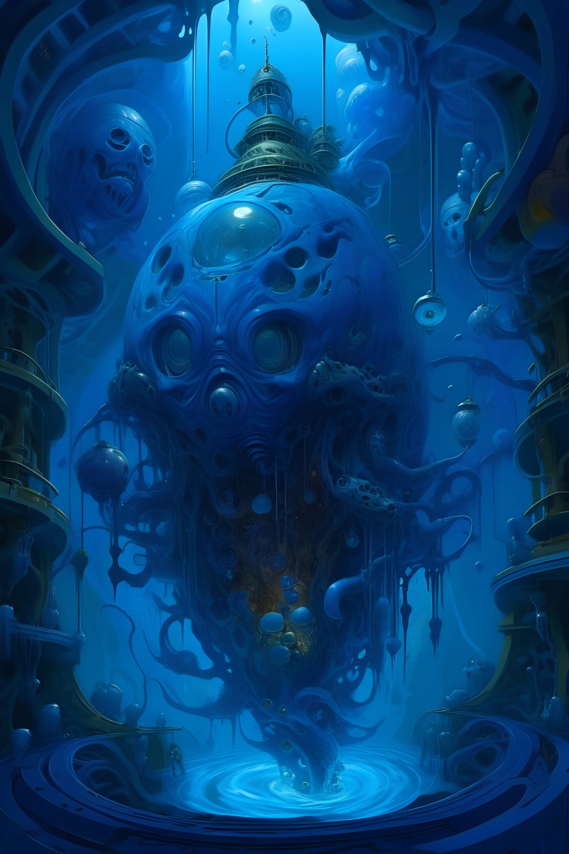 Mutated Guild Navigator suspended in a tank filled with spice gas, heads and extremities elongating become vaguely aquatic in appearance, Te Eyes Darkblue in blue, Alexandro Jodorowsy Art,Juan Gimenez Art,Sci-Fic Art,NijiExpress 3D v2,Kinetic Art,Datanoshing,Oil painting,Ink v3,eyes blue in blue,Abstract Tech,CyberTech Elements,Deco Influence,Air Brush style