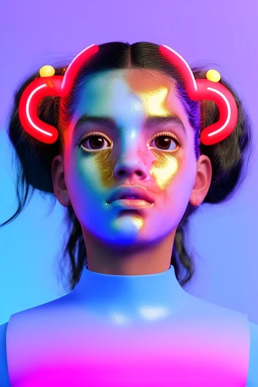 Rosalía artist, Realistic image, natural waist up portrait, perfect eyes, glow eye, black eye line, sweet face, pigtails hair, spray line make up, glow, geometric, gold, big rings piercing, led ornament, inflatable latex coat, cold, led lights, minimal, neon, pink, blue, gold, vibrant color, highly detailed, art stations, concept art, smooth, unreal engine 5, god lights, ray tracing, RTX, lumen lighting, ultra detail, volumetric lighting, 3d, finely drawn, high definition, 4k.