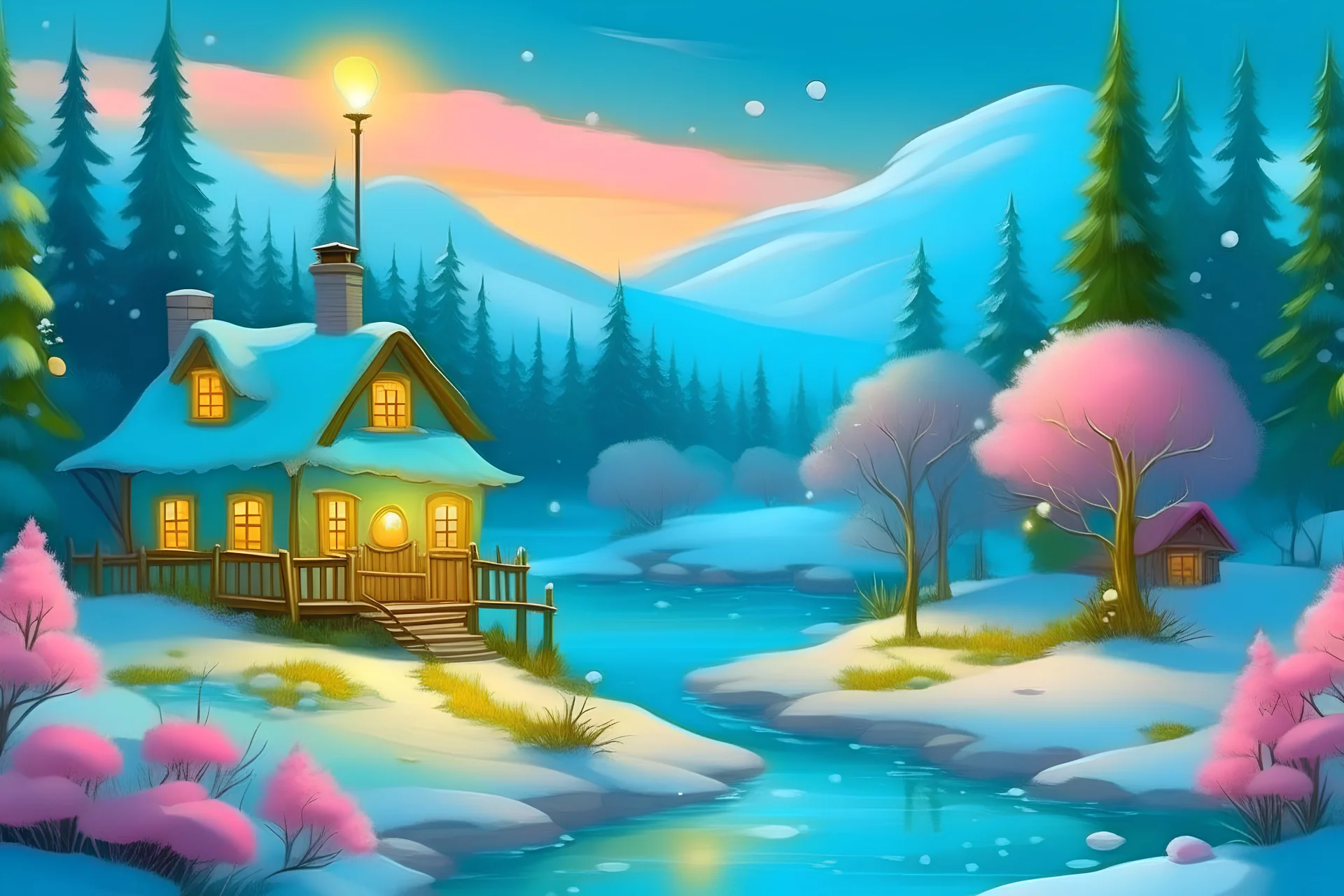 Paysage de neige, rivière turquoise, maisonnette avec des lanternes. En premier plan des petites fleurs jaunes et roses très délicates. En arrière plan une petite montagne enneigée. Des sapins feuillus. Coucher de soleil. Dans le ciel il y a des lumières. Ambiance raffinée et délicate.