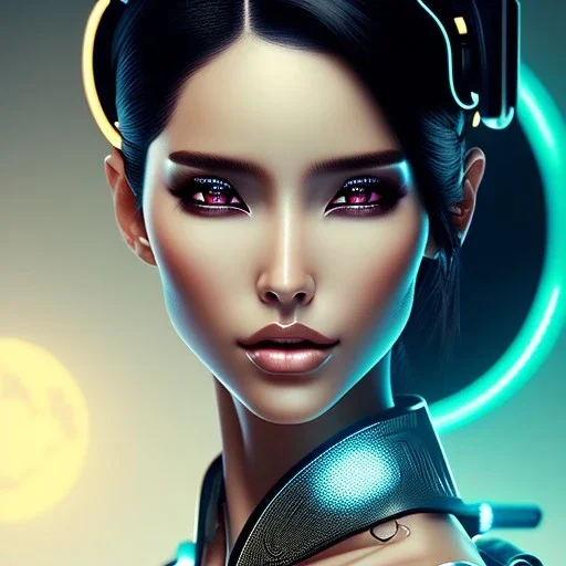 pilar rubio, Cyborg samurai, cyberpunk, white skin, light black hair, geisha hairstyle, cobalt eyes, waist up portrait, 8k resolution, retroanime, intricate details, neon details, soft lighting, vibrant colors, masterpiece, intricate eyeliner, dark eyeshadow, eyes, intricate tattoos, gradient background