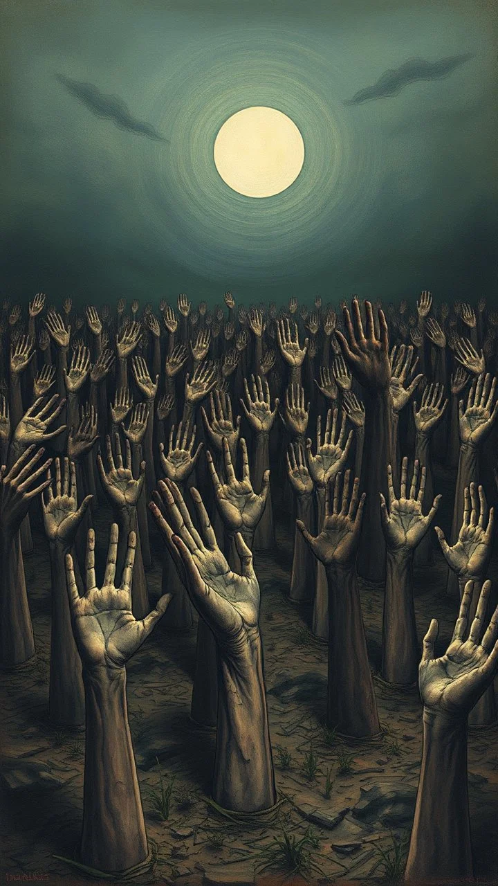 a field of thousands of hands of bodies buried in the ground not visible, horror, hands in different shapes coming out from the ground towards the sky Busch painting style nightmare and thin line draw
