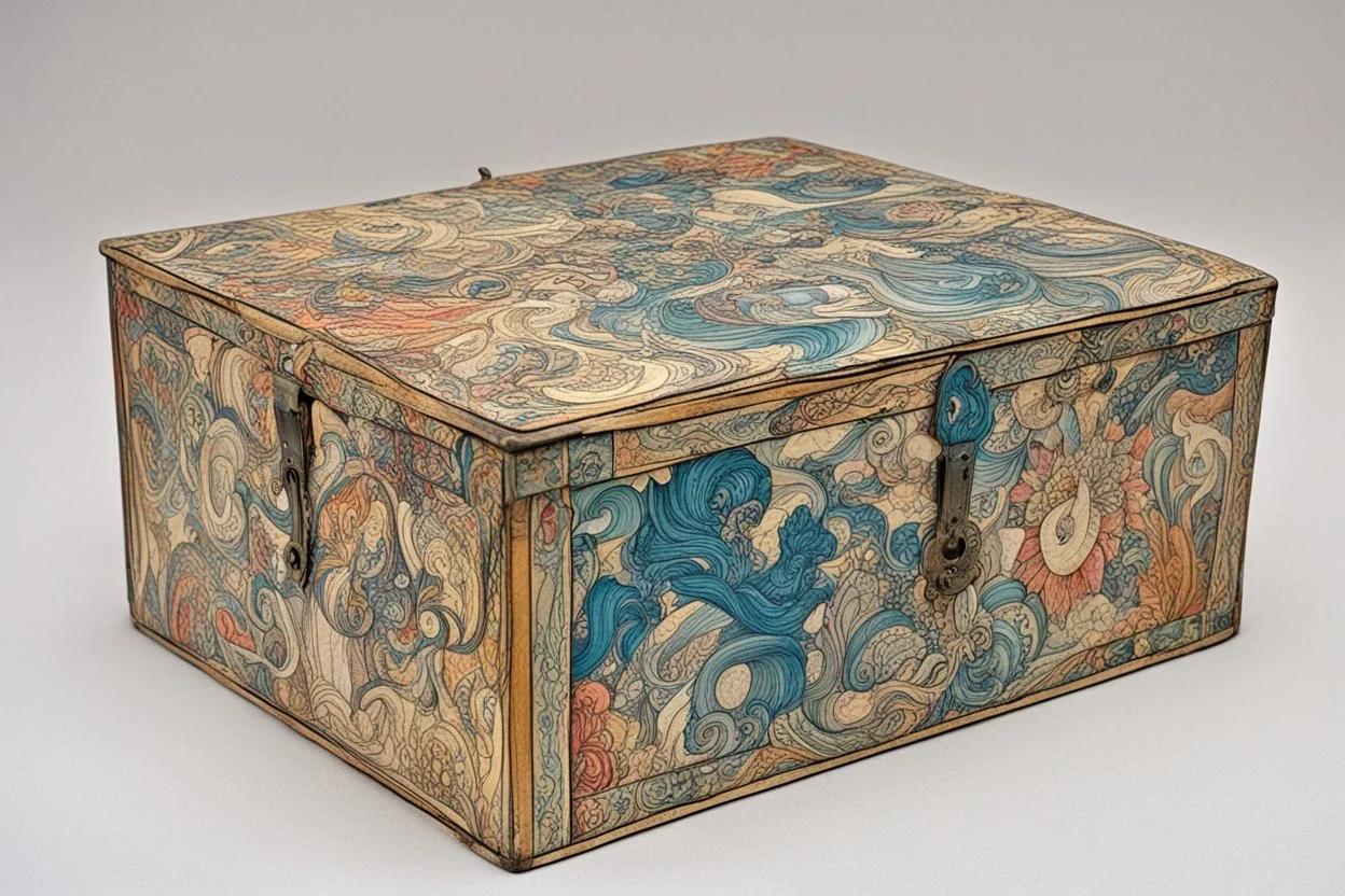 a box for storing things with beautiful drawings a lot of colours, detailed