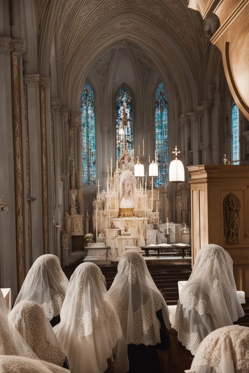 7 sisters wearing lace veil praying in church.cinematic.dark mood