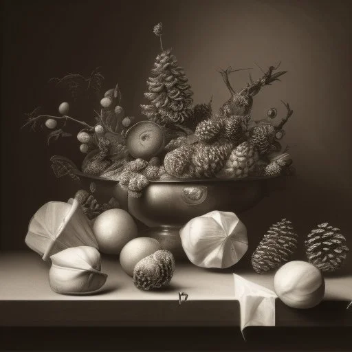 a still life composition like Pieter Claesz. - Graphite drawing, realistic, forest, pinetree, pinecones