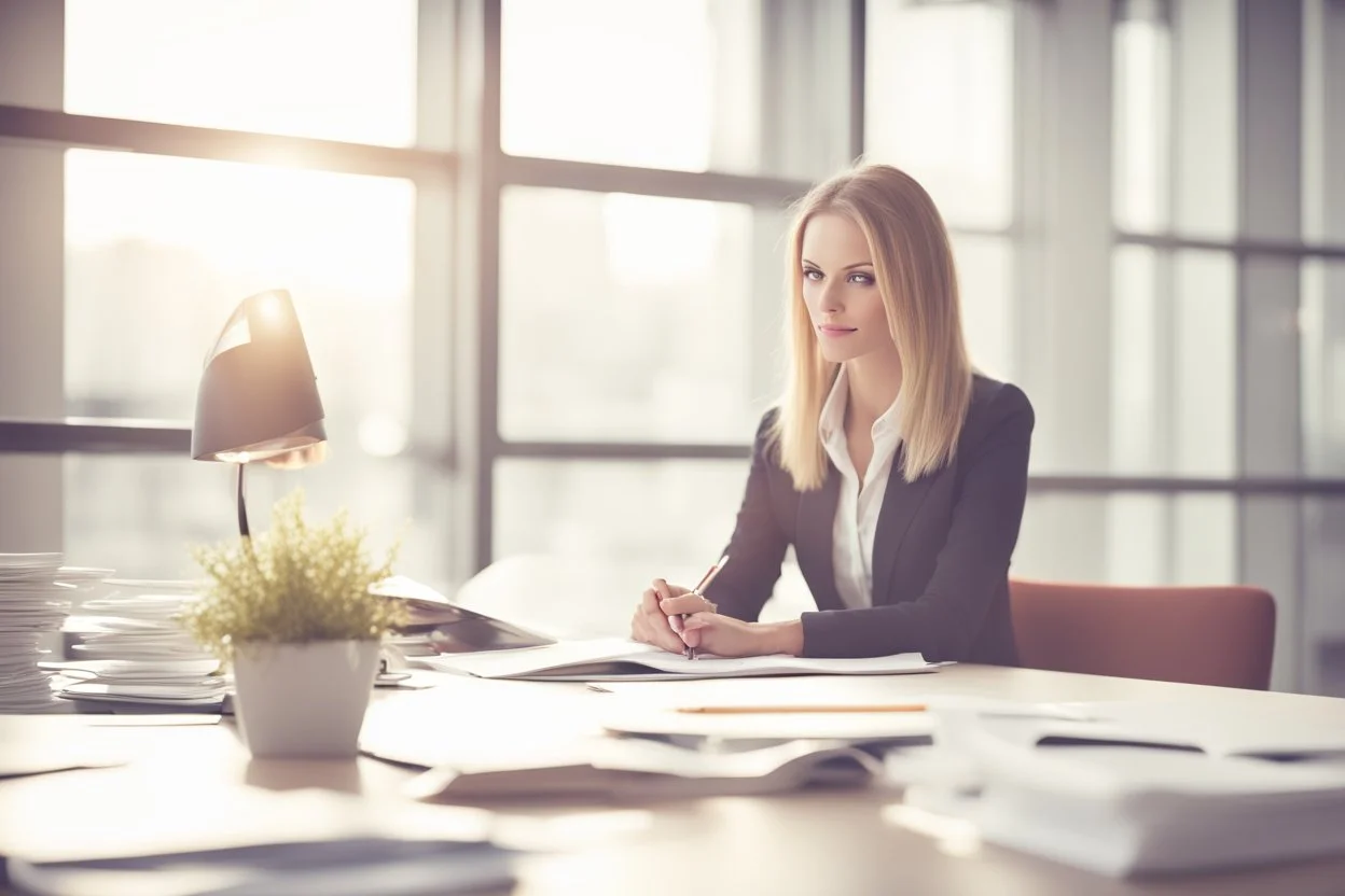 Beautiful problem solving woman in a modern office in sunshine