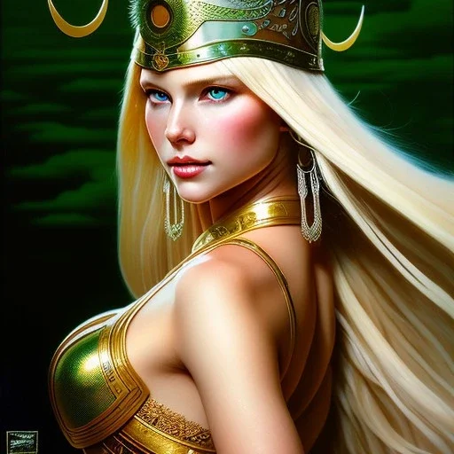 portrait 'beautiful Sexy large breasts Blonde Sif',long hair,horned helmet, celtic tattoed,crystal clear green eyes,painting by gaston bussiere, greg rutkowski, yoji shinkawa, yoshitaka amano, tsutomu nihei, donato giancola, tim hildebrandt, oil on canvas, cinematic composition, extreme detail,fit full head inside picture,32k