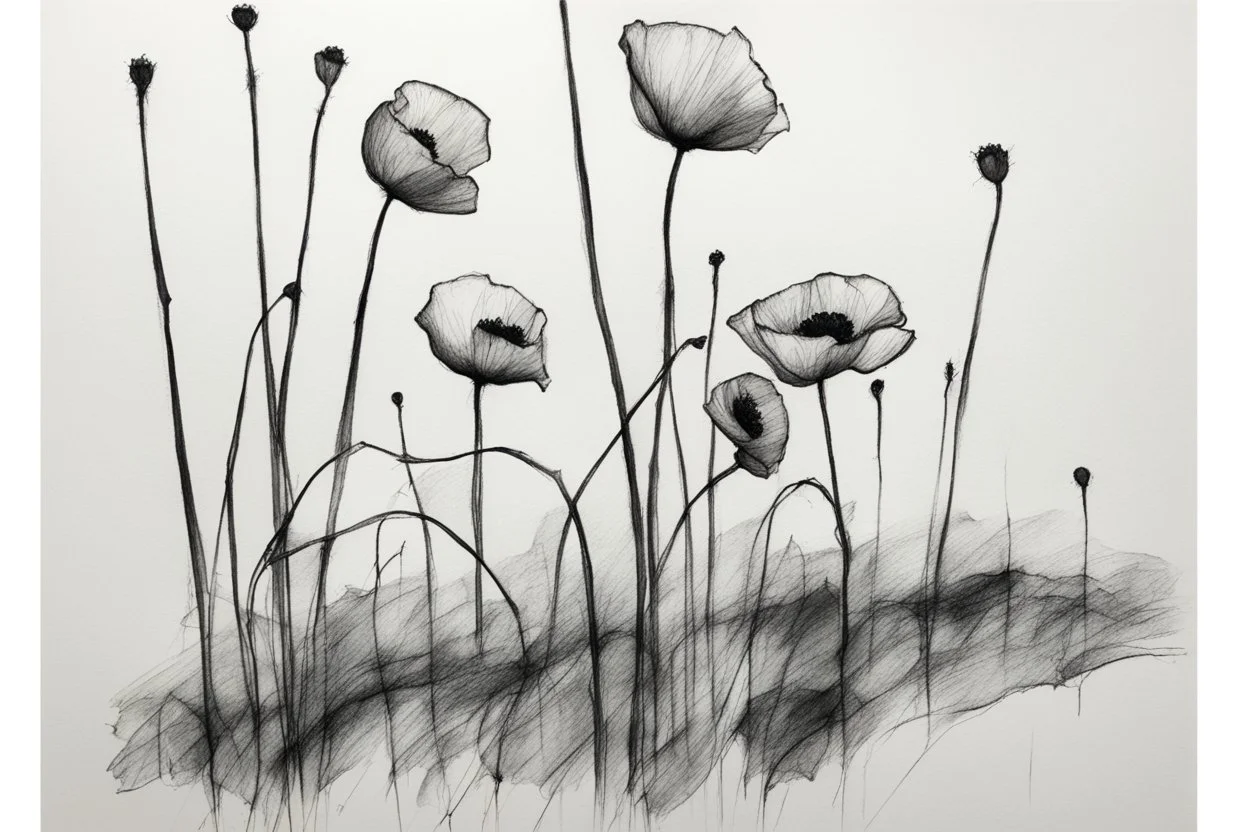 Minimalist ink pencil and charcoal drawing of poppies