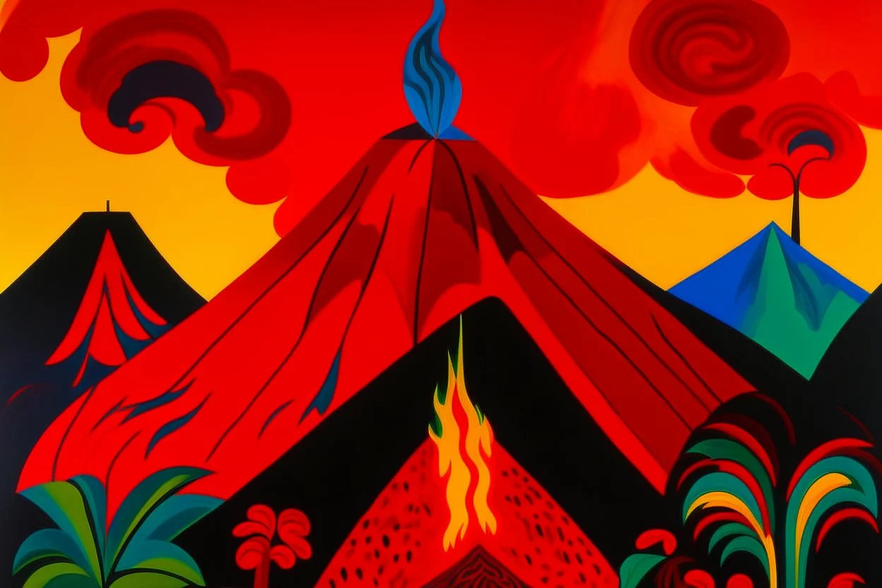 An orangish red volcano with spewing fire designed in Maori sculptures painted by Stuart Davis