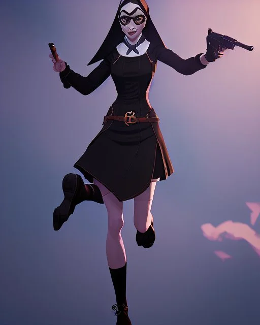 A nun in a short dress jumping with a gun