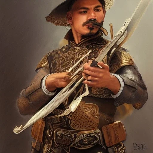 portrait,"Insanely detailed photograph of a mariachi warrior holding crossbow", charo detailed, sequenced Sombrero, detailed D20 flair, digital painting, artstation, concept art, smooth, sharp focus, illustration, art by artgerm and greg rutkowski and alphonse mucha, 8 k