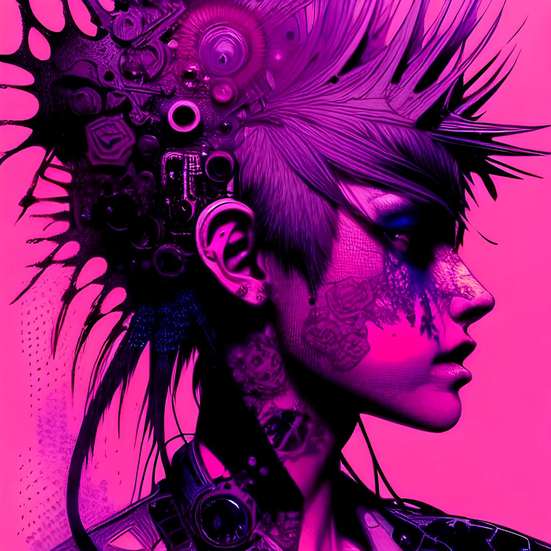 beautiful punk girl, hyper detailed, hyperdetailed, intricately detailed, illustration by <kilian eng> <Yoji Shinkawa>, purple tones,