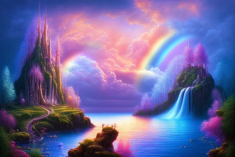 island waterfall bubble spring unicorn sunset rainbow