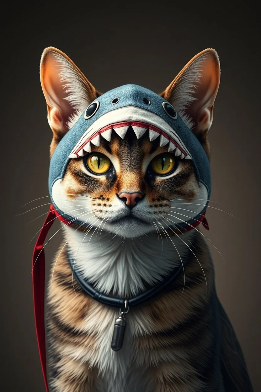cat with shark mask in the style of japanese shepard fairy