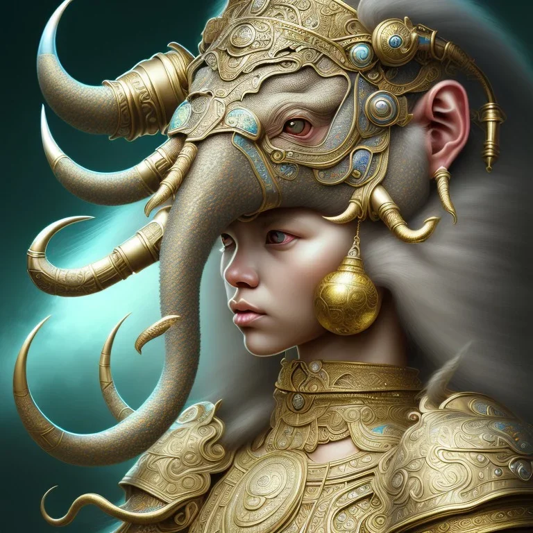 Sango fantasy, fantasy magic, intricate, sharp focus, illustration, highly detailed, digital painting, concept art, matte, art germ and Paul Lewin and Kehinde Wiley, masterpiece silver elephant head bronze monkey Asian African girl nice breast Hawaiian hair turquoise golden waves