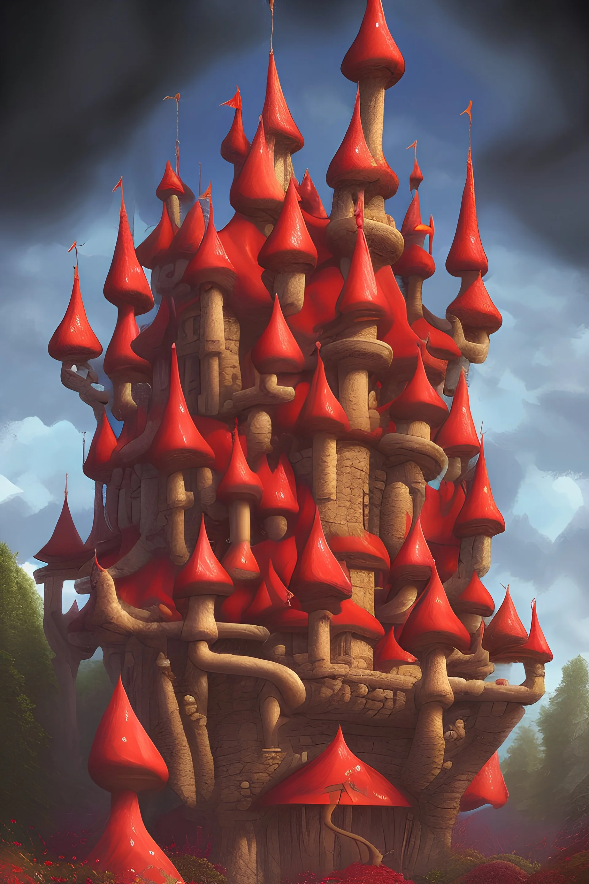 A castle of red mushrooms drawn in a cartoon and classic way