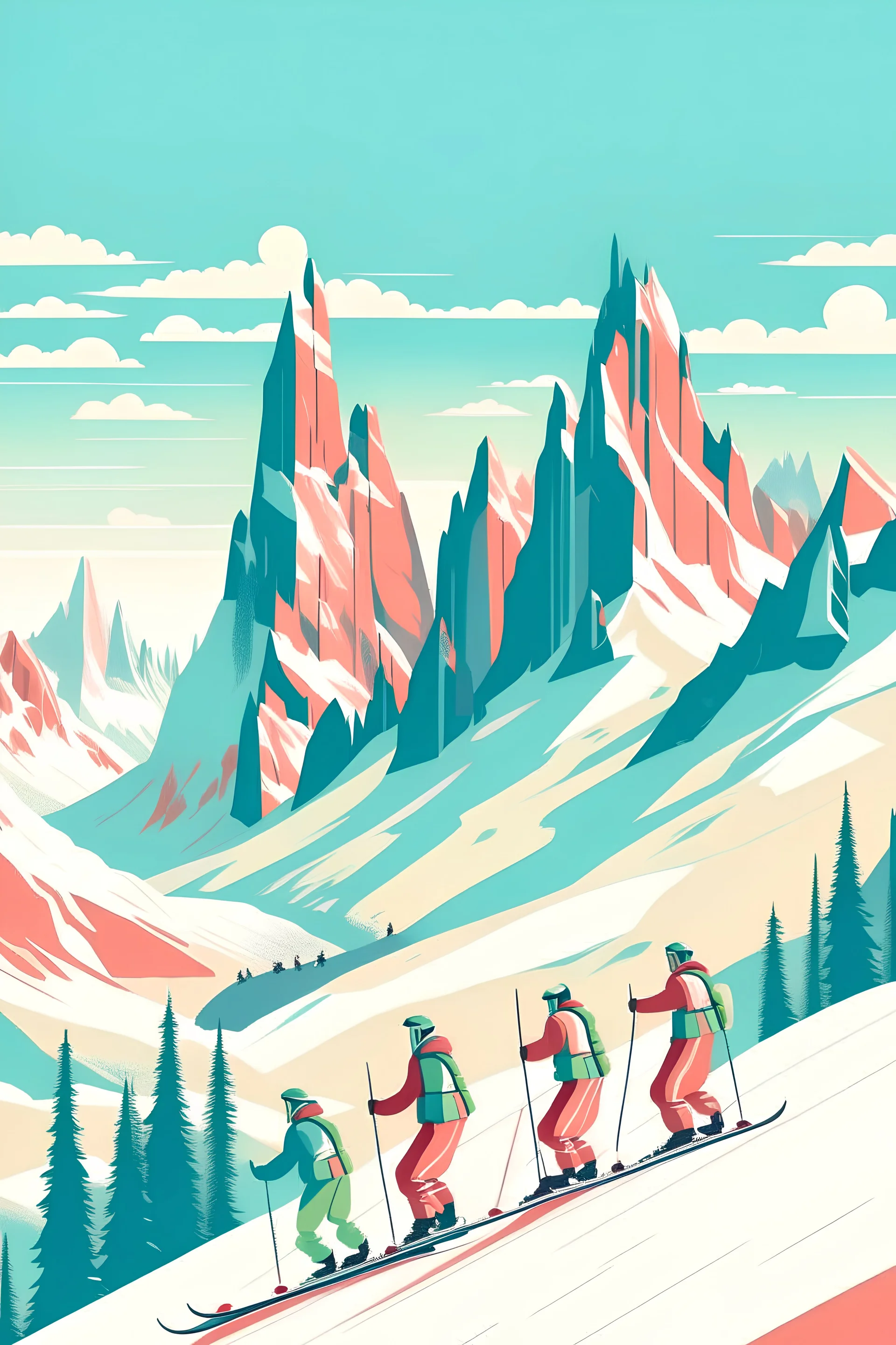 Draw A retro poster of people skiing in the Italian Dolomites add also a title