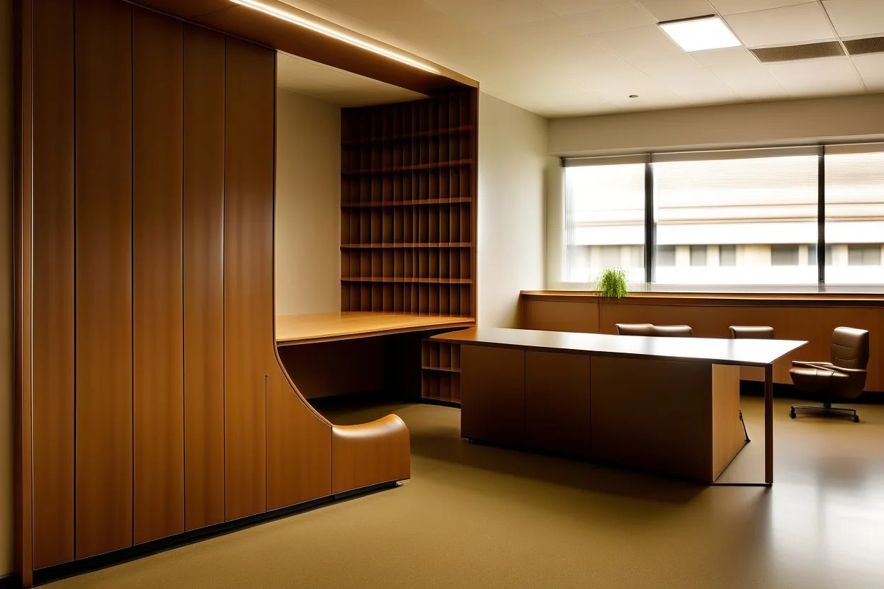 The offices are staffed in the shape of the letter L, and the walls and furniture are painted brown