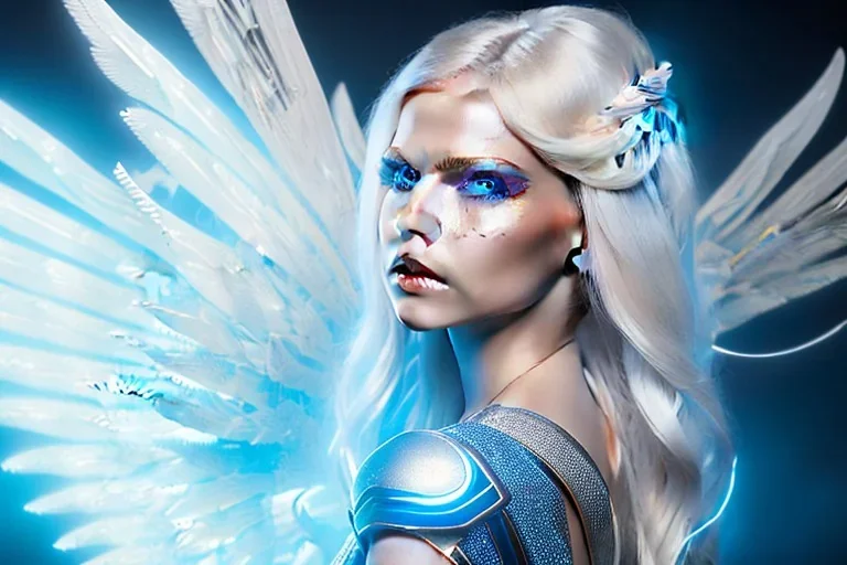 A beautiful portrait of a cute smiling cyber woman with wings, long blond platinum hair, luminous blue eyes, high key lighting, volumetric light high details with blue and white stripes white luminous celtic paterns, beam starry background