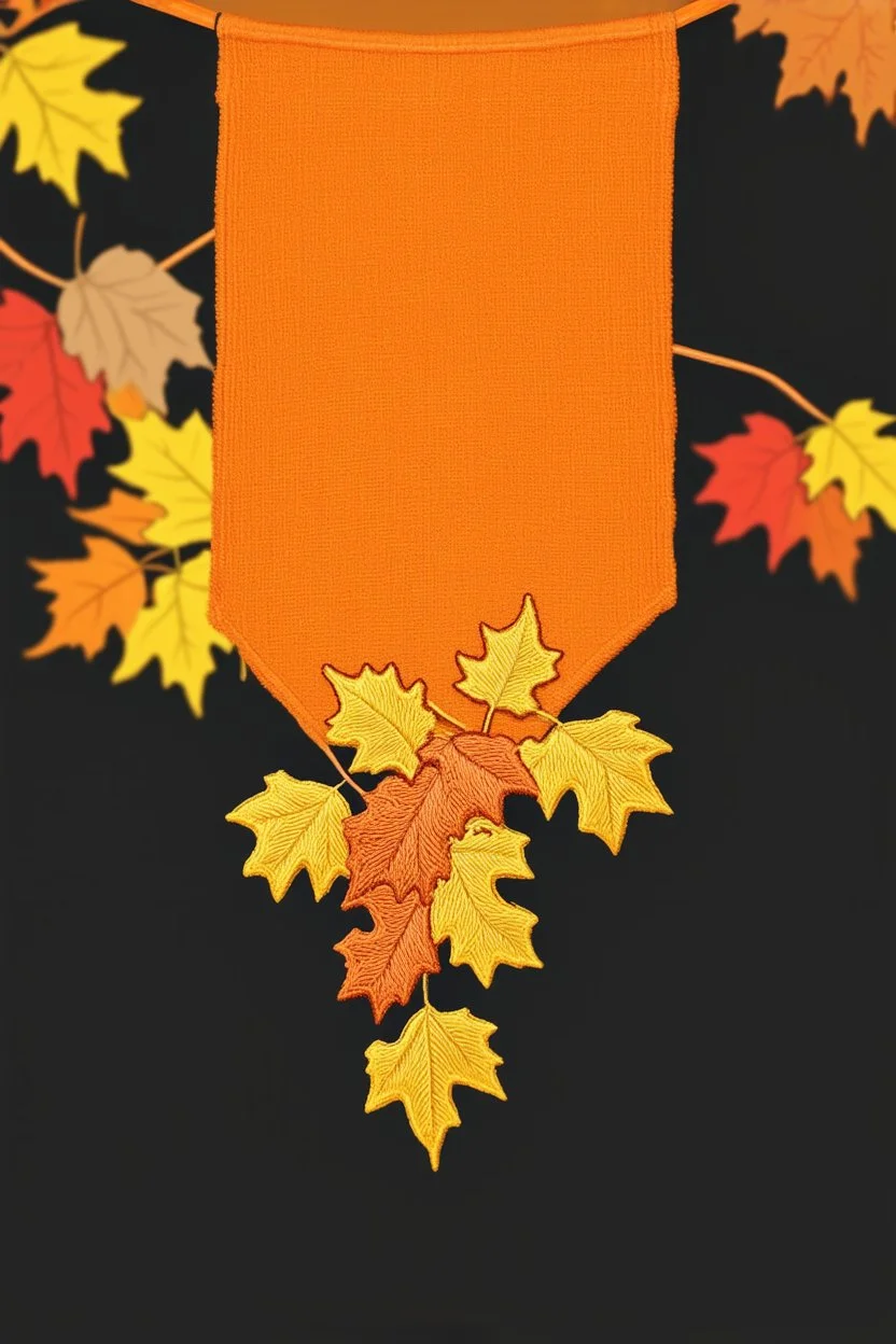 an autumn colored cloth banner hanging with embroidered leaves and slightly downward pointed bottom, on dark background