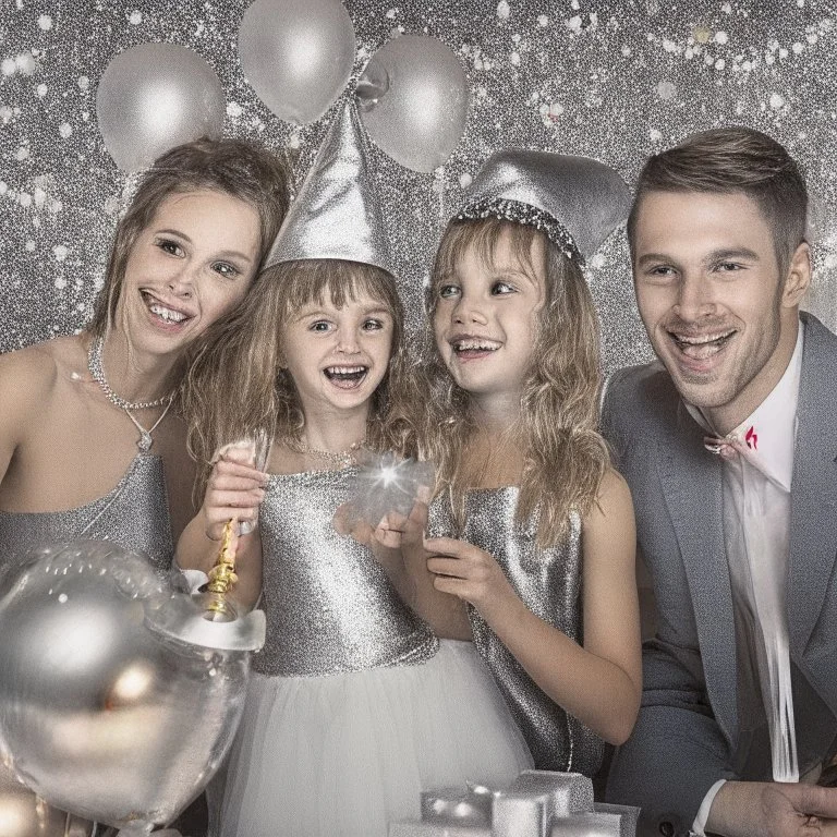 Photograph of a happy couple with kids celebrating with silver party decoration.