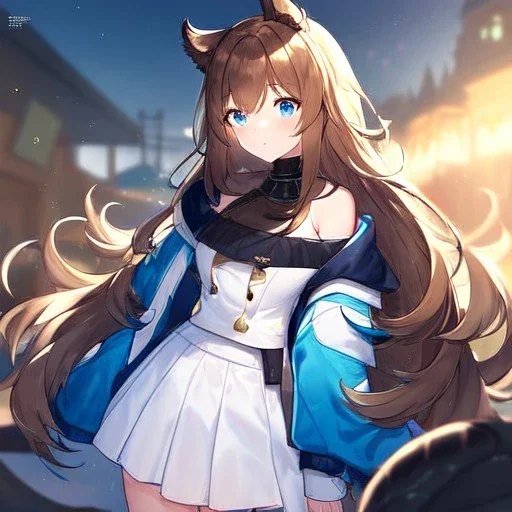 Clear focus, High resolution, Long fluffy brown hair, blue eyes, wearing a white skirt and a black turtle neck, detailed outfit, wearing a jacket oversized off shoulder, rough line, hair above ears