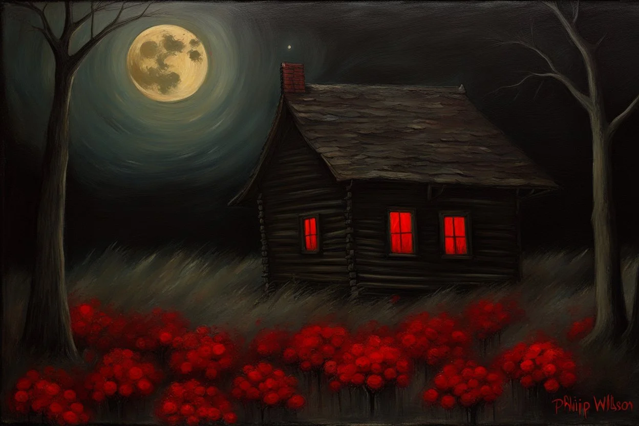 Creepy trees, creepy night, moon, cabin, red flowers, philip wilson steer impresionism painting