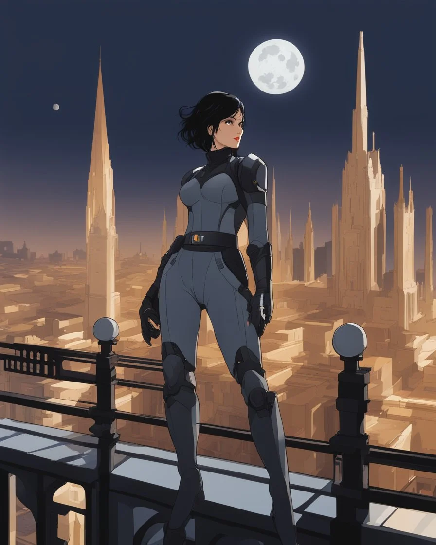 A slim Woman With Black Hair, Wearing an android-looking suit, standing sideways On a ledge of a building, with a waning moon Behind Her Head, towering spires and buildings highlighted by the setting sun