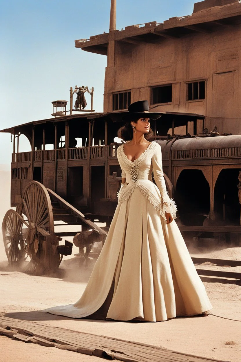 [Movie Poster: in letters: ONCE UPON A TIME IN TE WEST] Claudia Cardinale in her iconic scene of Once Upon a Time in the West (1868): the western train station behind her she discovers the small cowboy city in construction, in the dust. She observes, a shawl draped over her lace-trimmed bourgeois dress, her hair pulled back into a tousled bun. there is dust in the air