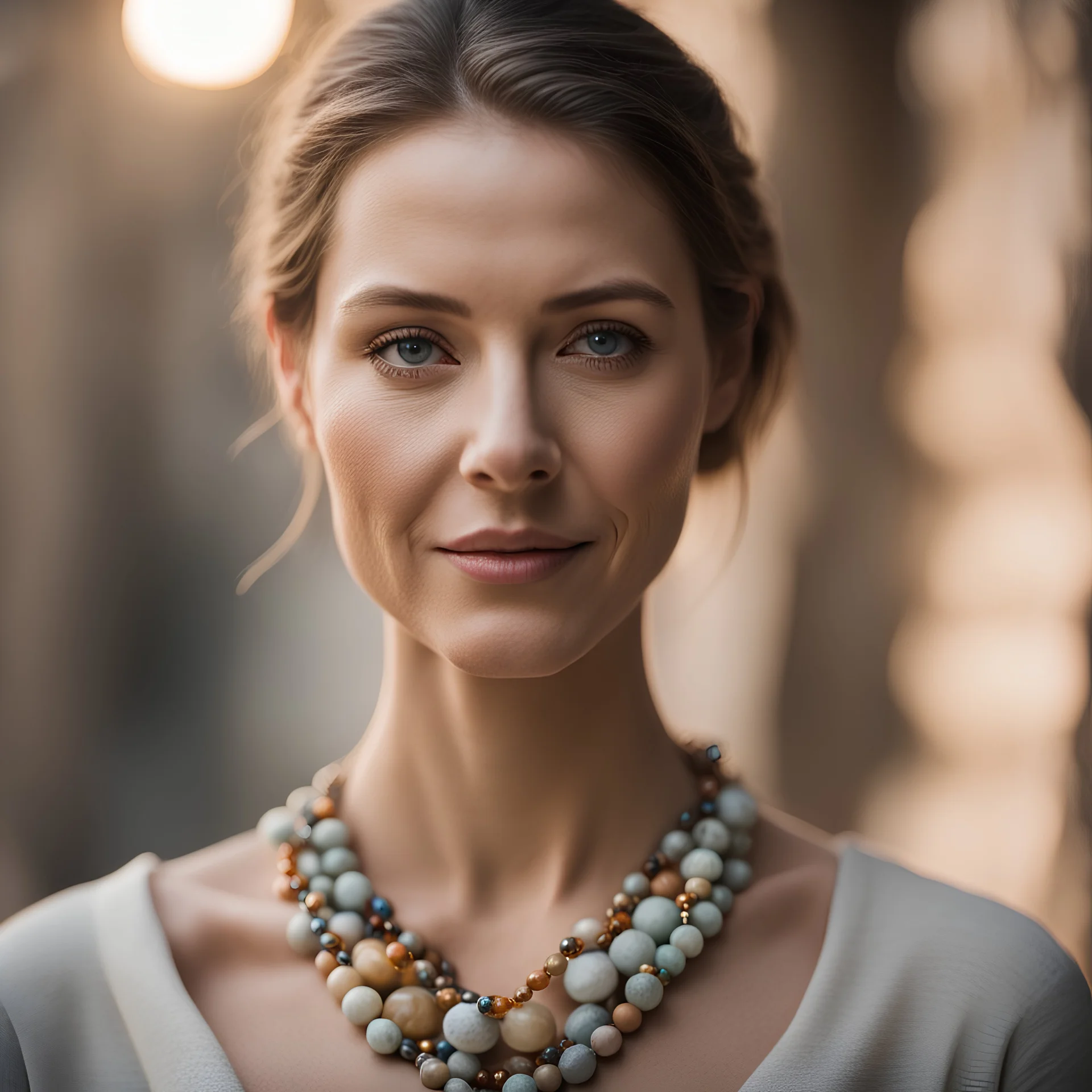 A lifestyle photograph of a woman wearing a necklace made of natural stone beads. The necklace is the focal point of the image, with the woman's face and body blurred in the background. The lighting is soft and flattering, creating a sense of intimacy and connection. --ar 4:3 --zeiss otus 85mm f/1.4