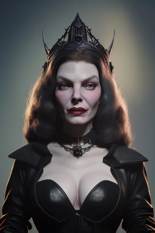 Lauren Bacall as evil queen in black leather, leather, busty, cleavage, angry, stern look. character design by cory loftis, fenghua zhong, ryohei hase, ismail inceoglu and ruan jia. unreal engine 5, artistic lighting, highly detailed, photorealistic, fantasy