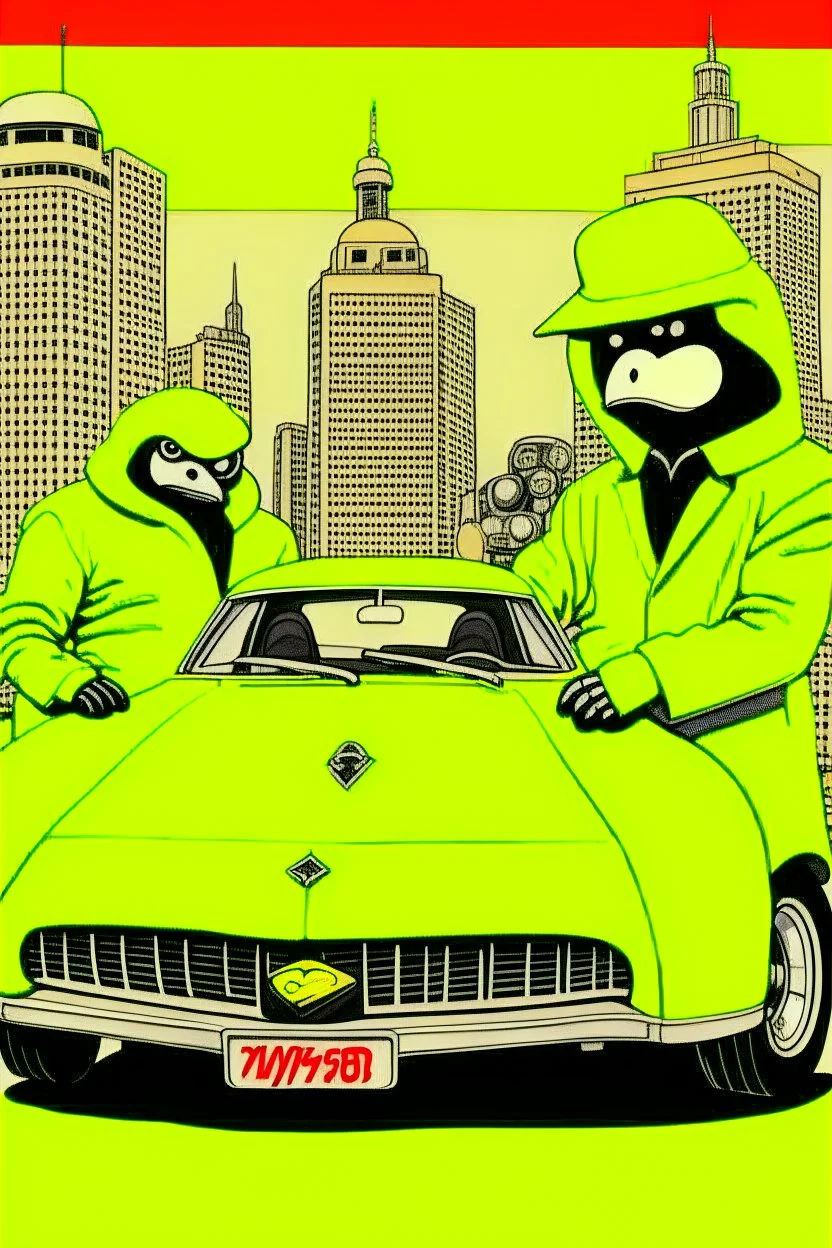 YELLOW LAMBOURGHINI APES PENGUINS AND ROBOTS in the style of Hiroshi Nagai