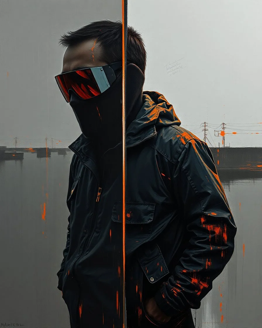 acrylic oil painting of a null liminal juxtaposition by arafed exaggeration, oversized parts, exaggerated head, excellent verticals, amazing reflections, obsidian black glass win vivid orange tint strokes, arafed probability at response, amazing reflection, captive human, split double negative space, liminal vibe, interplay between light and shadow, dynamic visual juxtaposition, tactical jacket man with red tint volumetric silence, tectonic architecture