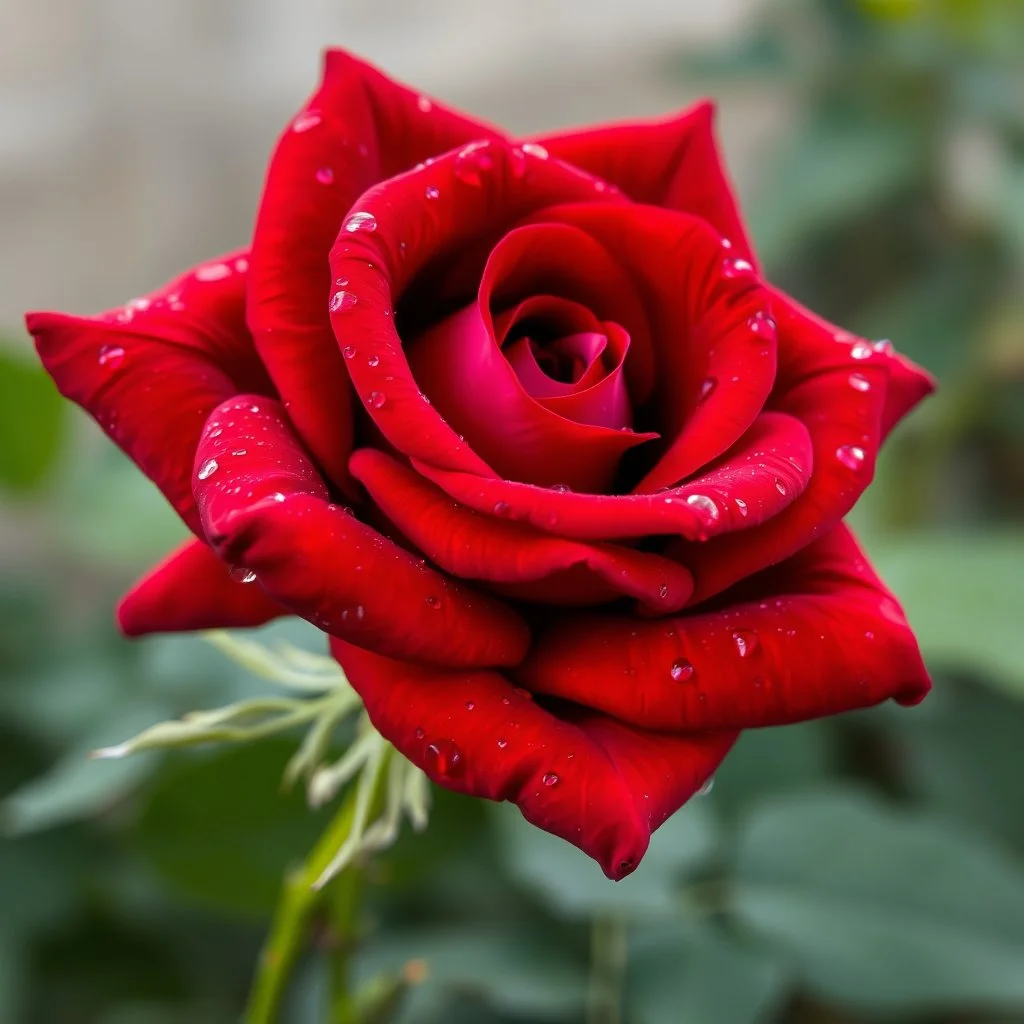 A Realistic Looking BEautiful Red Rose With Water Droplets On Its Petals.