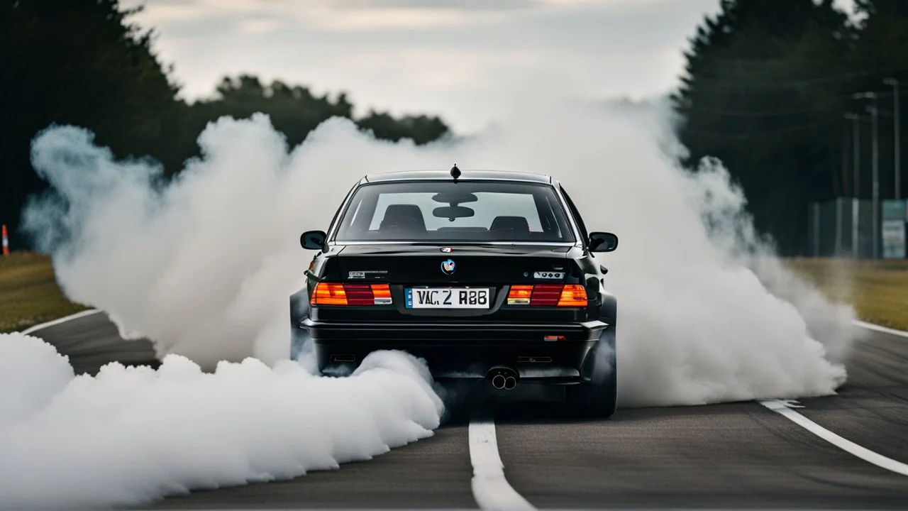 Black BMW XM drifting in the white smoke, rear view, cinematic, luxurious --chaos 80 --ar 16:9 --style raw --stylize 700