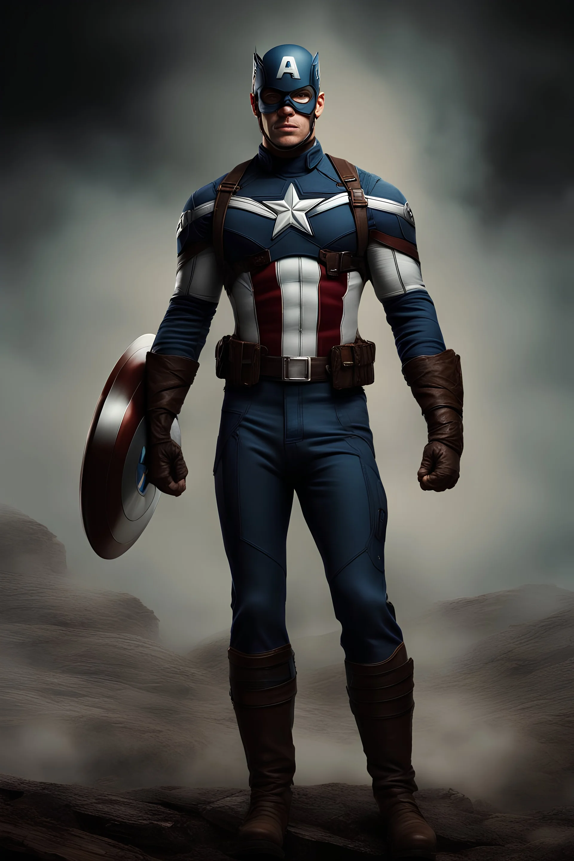 3D Portrait of Alan Ritchson as Captain America, perfect body, perfect face, perfect eyes, dark hair, glamorous, gorgeous, delicate, romantic, realistic, romanticism, blue tones, Boris Vallejo - daylight Background - dark, wood panel wall in the background - fire, fog, mist, smoke