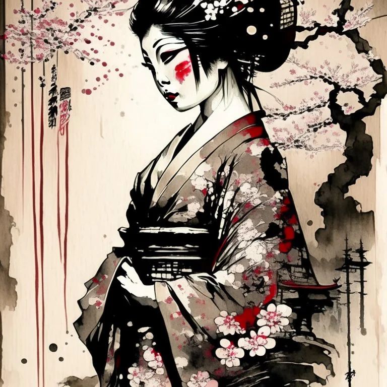 pretty 19 century geisha with Japanese pagoda and cherry blossoms in background, Abstract art, Kirby Krackle effect, traditional Japanese calligraphy scroll paintings, Japanese woodblock prints, by Shohei Otomo, ink washes over top both lines and fills, amazing beauty, hyperdetailed, watercolor and ink, ink splatter