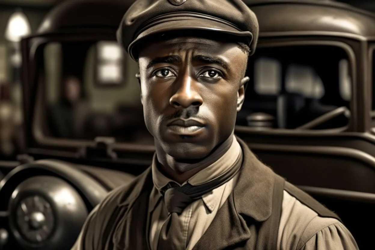 ww1 black driver talking close-up standing up looking to the camera, garage background, normal color pallete