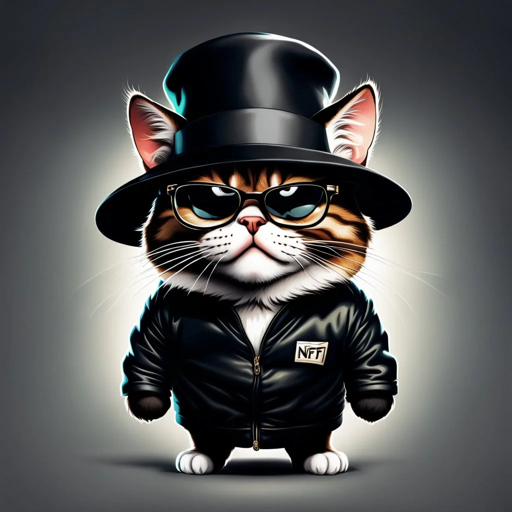 Drawing of an angry cat with black jacket, hat and glasses, NFT style