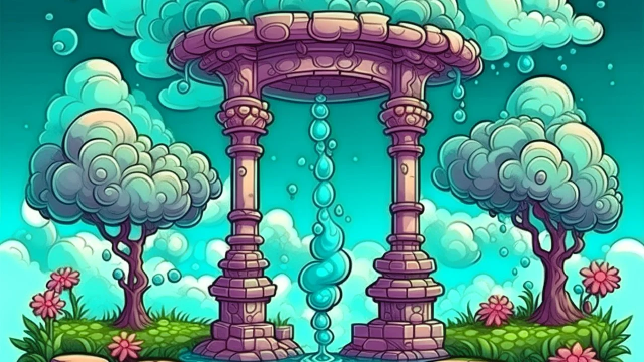 Fantasy style illustration with the water well and the clouds