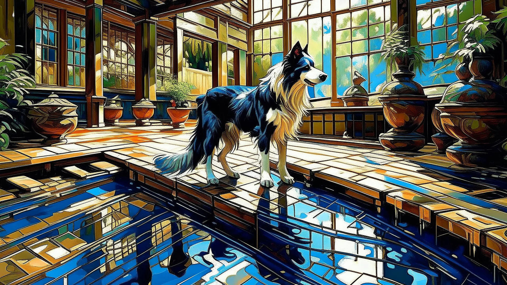 In an interior courtyard with shimmering water reflecting the sky, a stunningly agile border collie leaps between intricately designed wooden platforms. The woman carefully tracks his every move through the lens of her camera. This vivid portrayal, whether in a painting or a photograph, captures the dog's graceful movements with remarkable precision. Each detail, from the collie's sleek fur to the woman's focused expression, radiates a sense of dynamic energy and skillfully conveys the beauty of