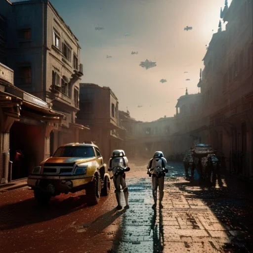 Star wars, İstanbul, yellow, robot war, unreal engine 5, dramatic lighting, Wes Anderson lut, hyper realistic, cinematic lighting, 8k