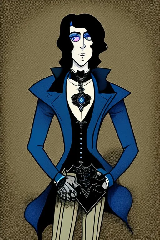 black haired blue eyed young man necromancer with gothic jewelry in the style of nagel and charles addams