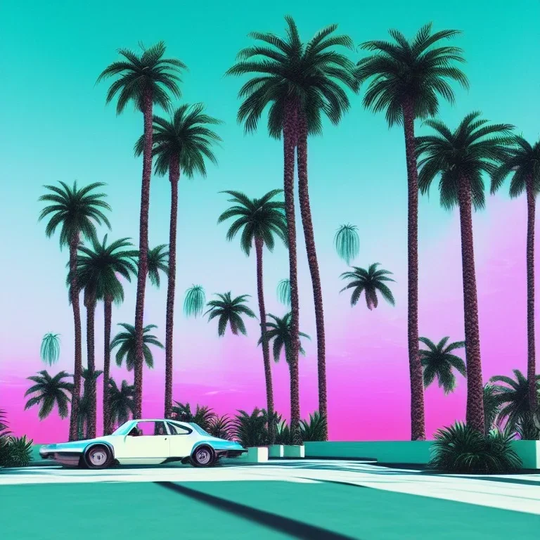 1980's aesthetic vaporwave palm trees with spheres and car