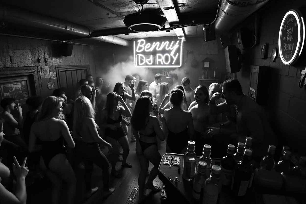 dans golv på en nedsliten sunkig techno club, många personer som dansar, yppiga kvinnor, scen rök och ljus strobes, svartvit bild, en del personer ser in i kameran och skriker: "Benny!" och en Neon Skylt med texten "DJ ROY" på väggen, DJ Roy skriker rätt in i kameran, öppen mun, mycket flaskor och glas i baren
