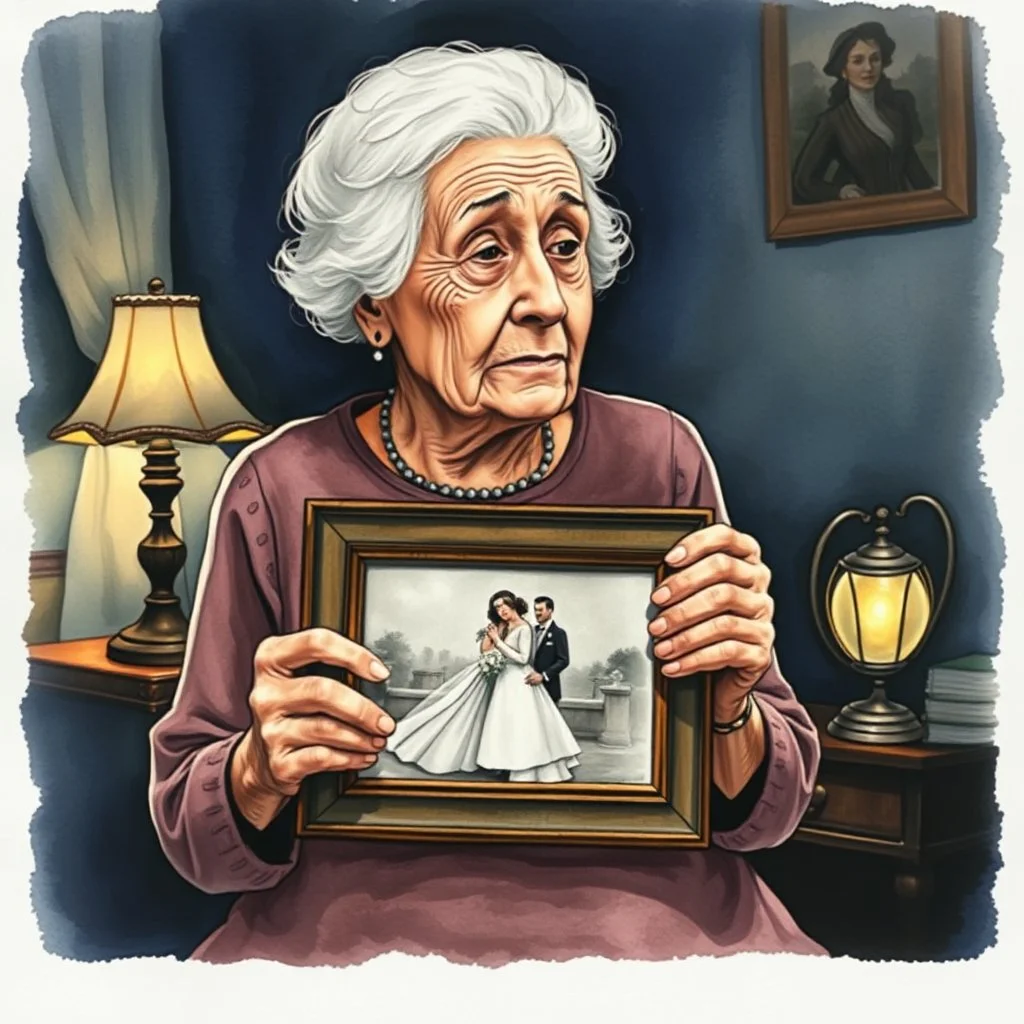 watercolor and ink painting, subtle emotion, contemplative elderly grandmother in a dimly lit parlor holding a framed vintage wedding picture in her wizened hands, nighttime, tiny single tear running down her cheek, volumetric lighting from small antique desk lamp