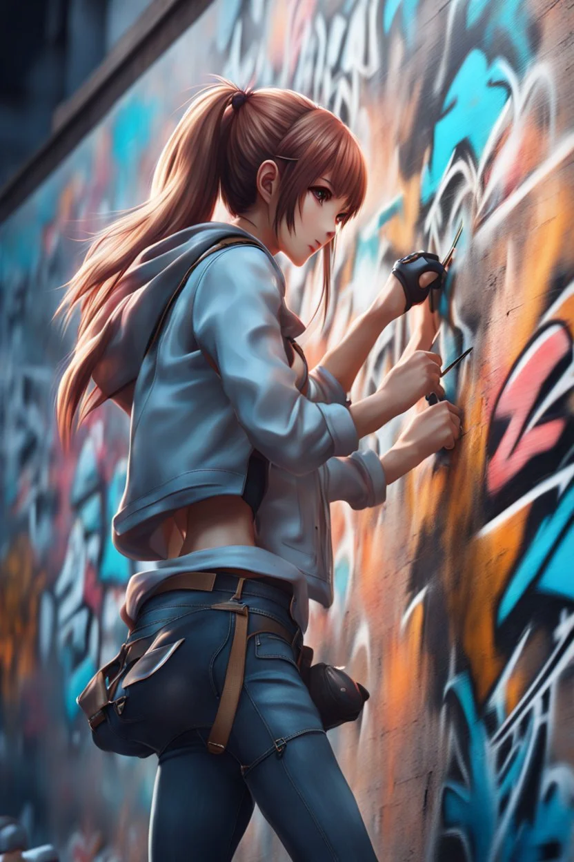 8k quality realistic image of a beautiful anime girl, doing wall graffiti,action, up close, 3d