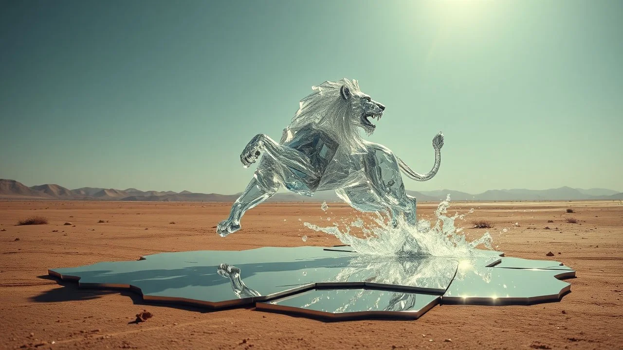 an exploding, vibrating, transparent glass lion leaps out of a huge, broken, damaged mirror in the middle of the desert, reflections