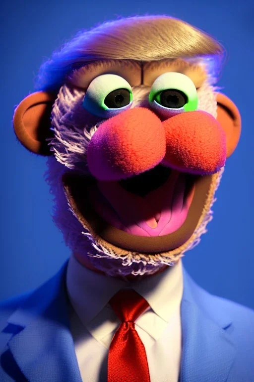 Waist up muppet Portrait, Donald trump as muppet doll, Blue suit, photo studio, blue background, unreal engine 5, concept art, art station, god lights, ray tracing, RTX, lumen lighting, ultra detail, volumetric lighting, 3d.